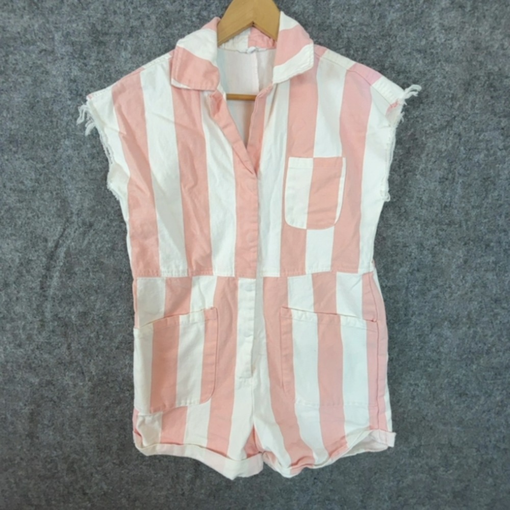 Ascot + Hart Romper Womens Medium Pink White Striped Raw Hem Sleeve Festival Fun